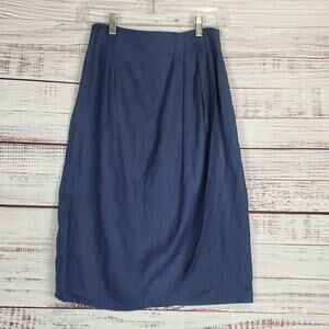 Panasa New York Linen Midi Skirt Size 4 Navy Blue Faux Wrap Quiet Luxury Natural